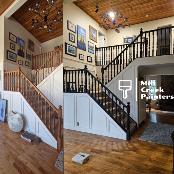 Before and after staircase railing refinishing near Bragg Creek, Alberta, showing oak railings transformed with a modern black painted finish.
